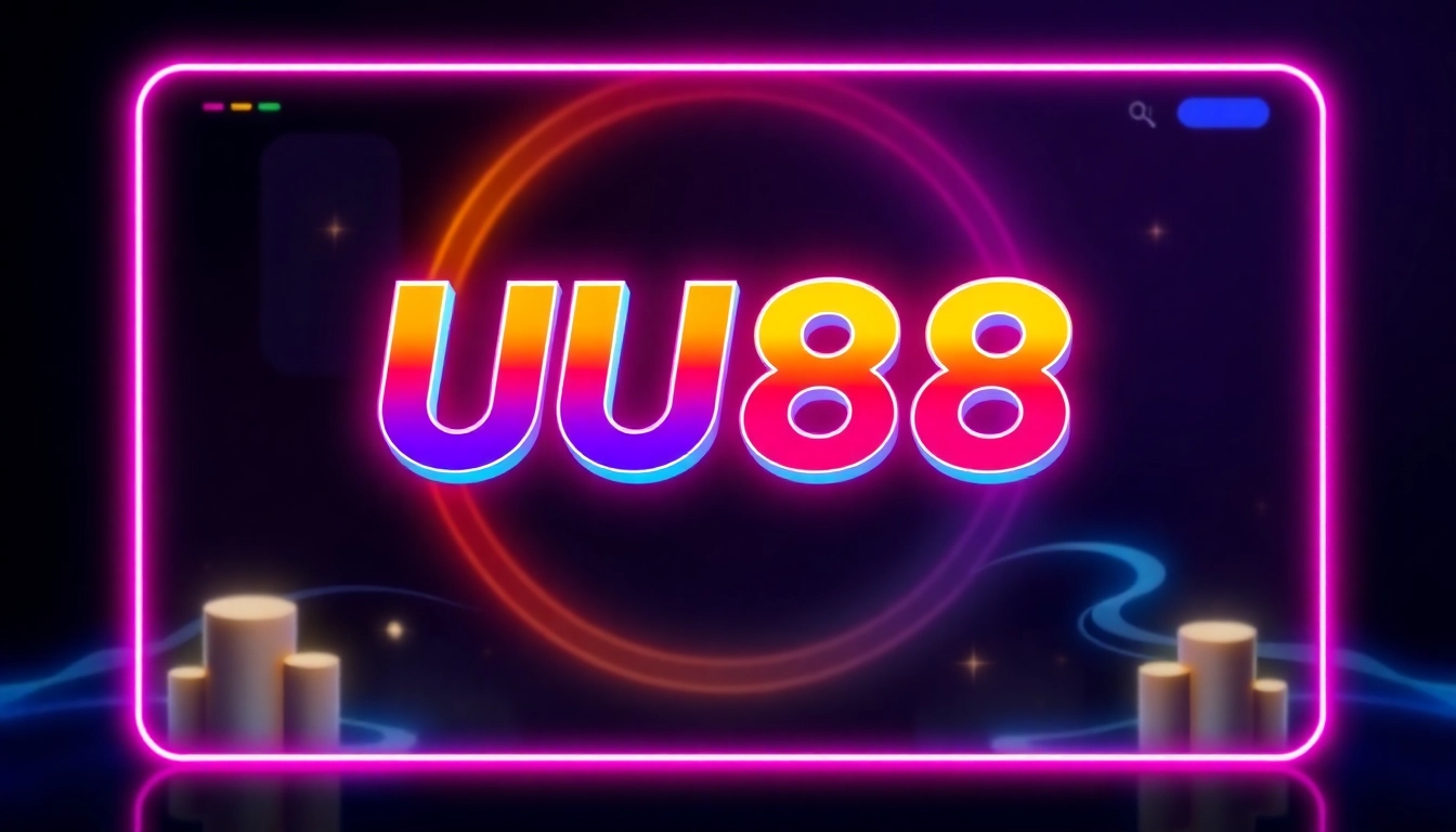 Engaging visual of the UU88 logo in a vibrant, neon-lit gaming environment emphasizing online casino excitement and user engagement.