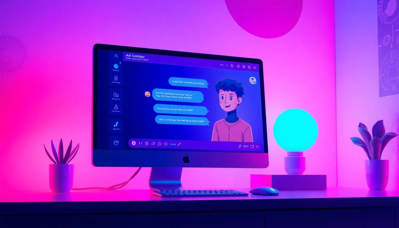 A futuristic AI chat interface in a neon-lit room.