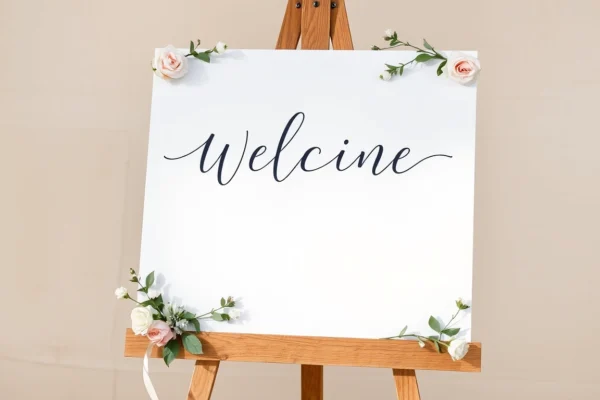Beautiful wedding welcome sign with floral details on rustic wood, inviting guests warmly to the ceremony.