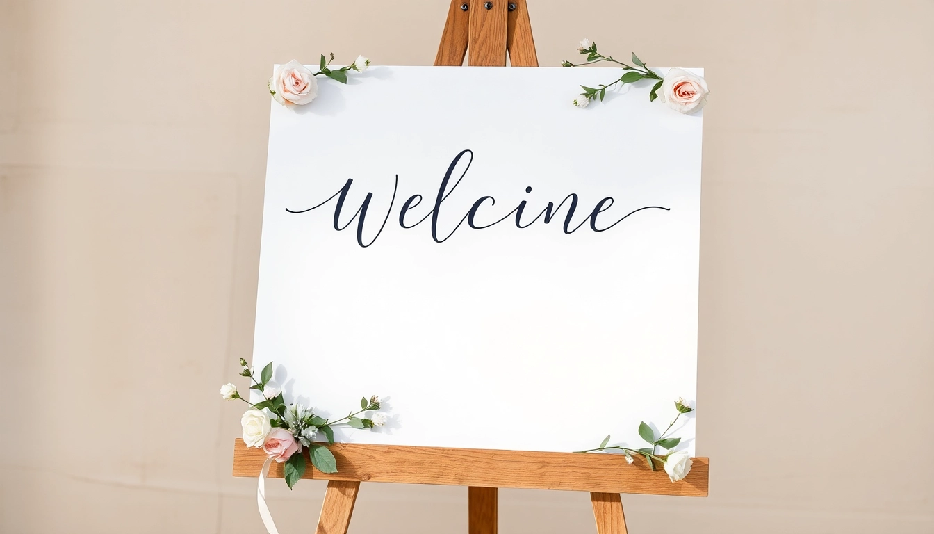 Beautiful wedding welcome sign with floral details on rustic wood, inviting guests warmly to the ceremony.