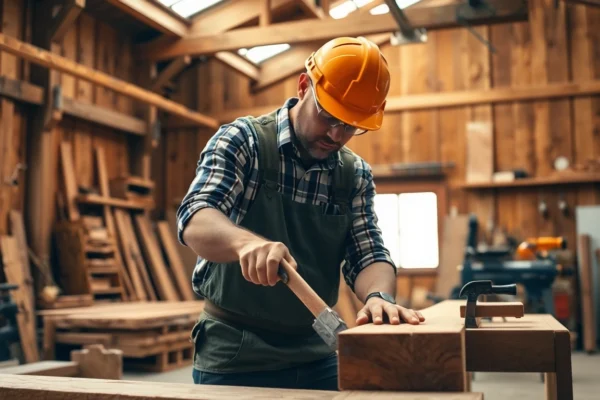 Skilled carpenter performing detailed carpentry work with tools in a bright workshop setting, emphasizing craftsmanship and quality.