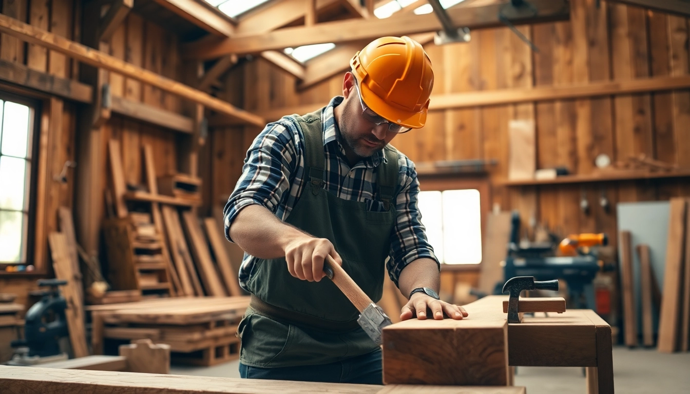 Skilled carpenter performing detailed carpentry work with tools in a bright workshop setting, emphasizing craftsmanship and quality.