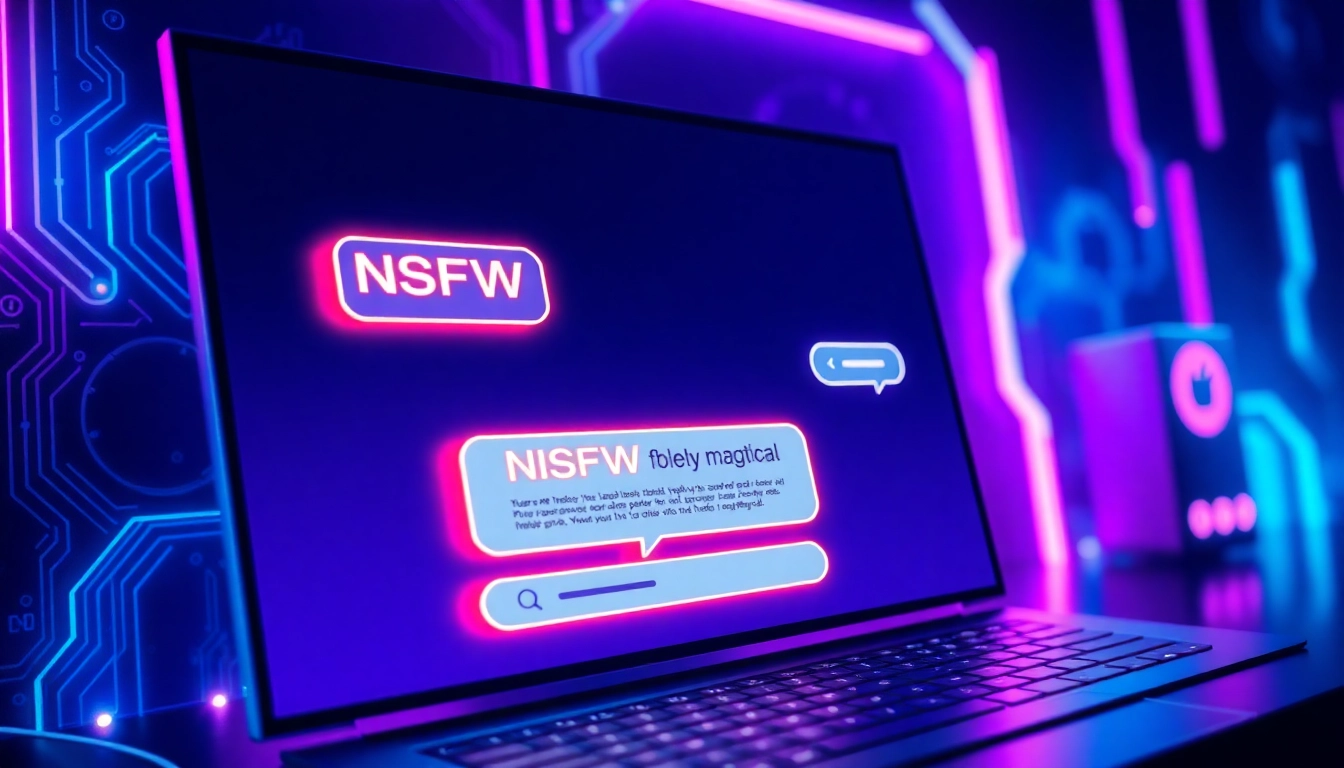An illustration of a futuristic chat interface with glowing text bubbles in a dark, high-tech setting, emphasizing NSFW AI conversation.