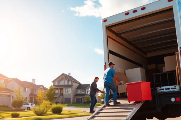 Residential moving Calgary specialists carefully load furniture in a friendly neighborhood, ensuring a stress-free experience for homeowners.