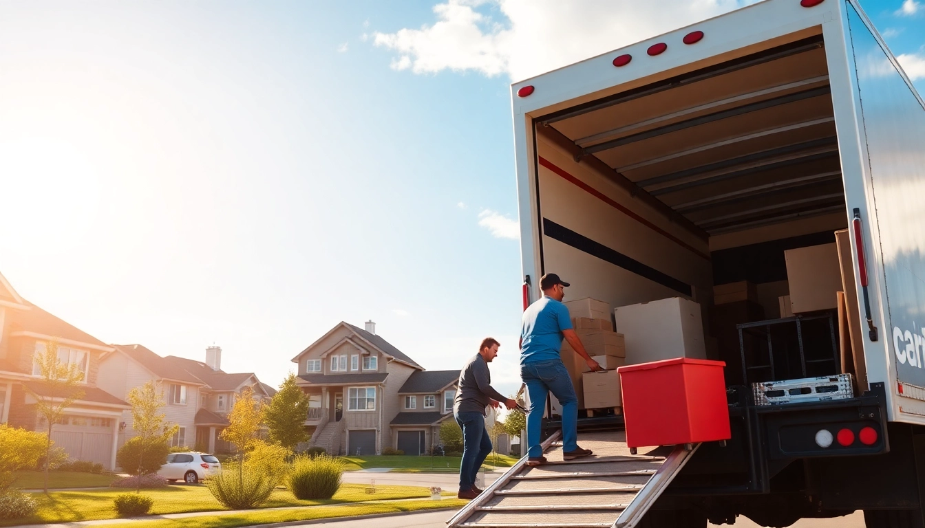 Residential moving Calgary specialists carefully load furniture in a friendly neighborhood, ensuring a stress-free experience for homeowners.