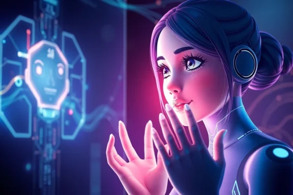 An AI female avatar with glowing holographic surroundings in a high-tech digital environment.