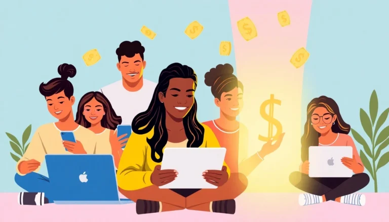 People earning cash using mobile apps on smartphones, illustrating online income opportunities effectively.