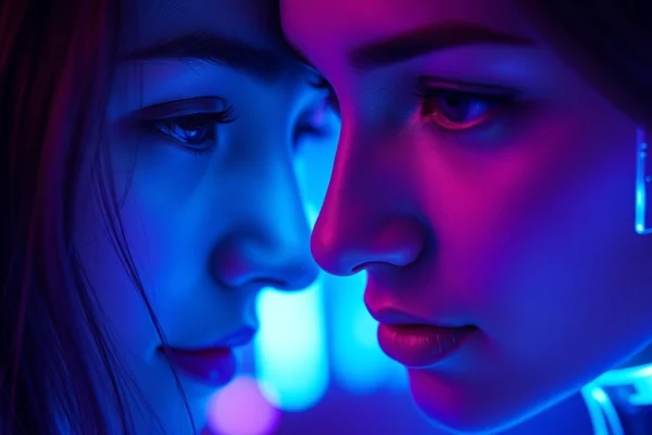 AI girlfriend engaging in realistic conversation on a futuristic digital interface for immersive NSFW chats.