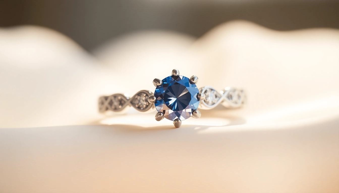 Engagement ring with sapphire featuring a vibrant blue center stone with surrounding diamonds, showcasing elegance and craftsmanship.