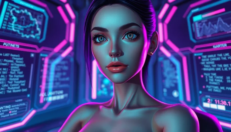Futuristic AI interface with hyper-realistic female avatar in a high-tech environment with neon lights