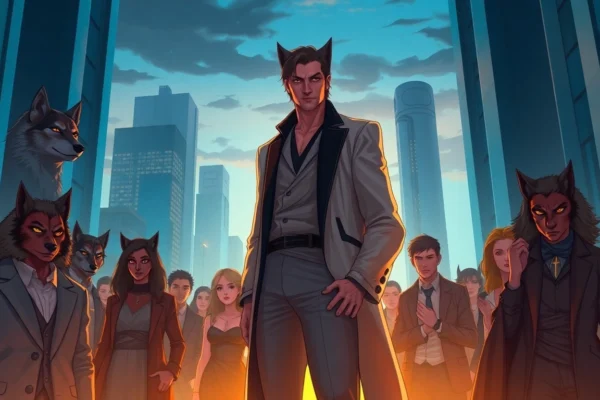 Understanding the Omegaverse: A Deep Dive into Society, Romance, and Power Dynamics Futuristic society inspired by the Omegaverse, featuring humans with wolf-like features and a hierarchical urban scene at dusk.