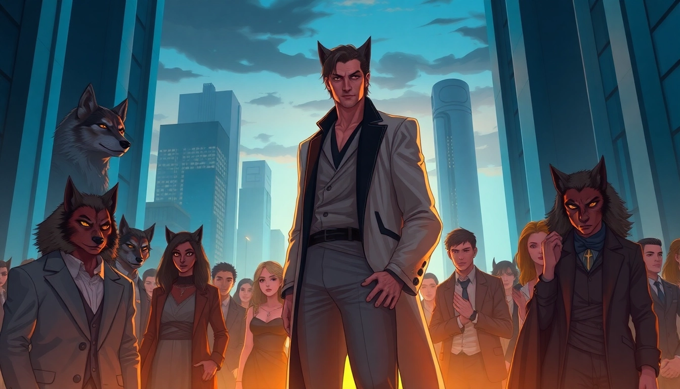 Futuristic society inspired by the Omegaverse, featuring humans with wolf-like features and a hierarchical urban scene at dusk.