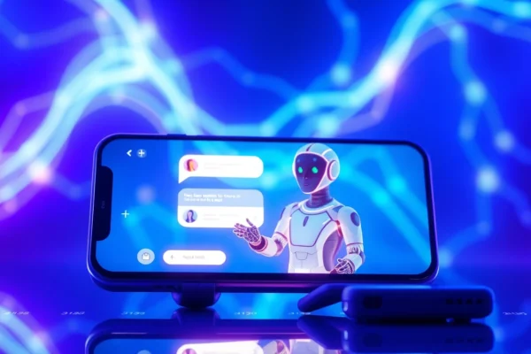 A futuristic digital interface showing AI chatbot interaction with glowing neon accents and holographic elements.