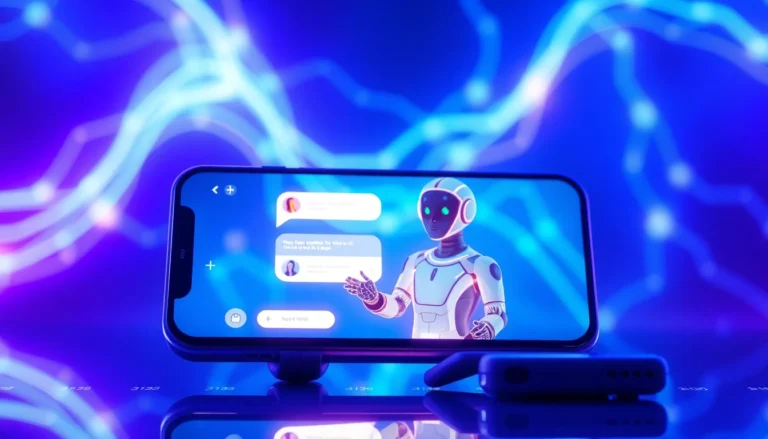 A futuristic digital interface showing AI chatbot interaction with glowing neon accents and holographic elements.