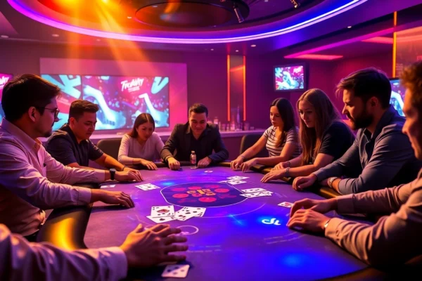 Clubgg poker community engaging in online poker games with lively chips and cards, fostering skill development and social interaction.