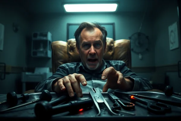 A distressed man chained to a chair in a dark room, surrounded by medical tools and shadows, conveying psychological horror and moral conflict.