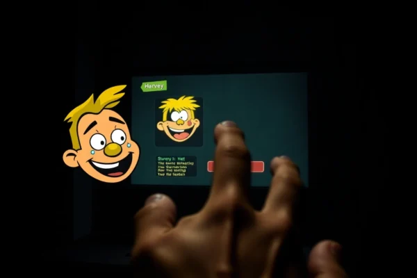 Bloodmoney: The Dark Psychological Horror of Morality and Survival A disturbing scene of a cheerful character Harvey being clicked repeatedly in a dark room, showing his suffering and the game's tense atmosphere.