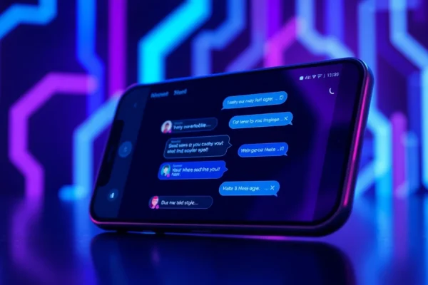 An illustration of a smartphone displaying a futuristic chatbot conversation with neon accents and digital background, emphasizing modern AI interaction.