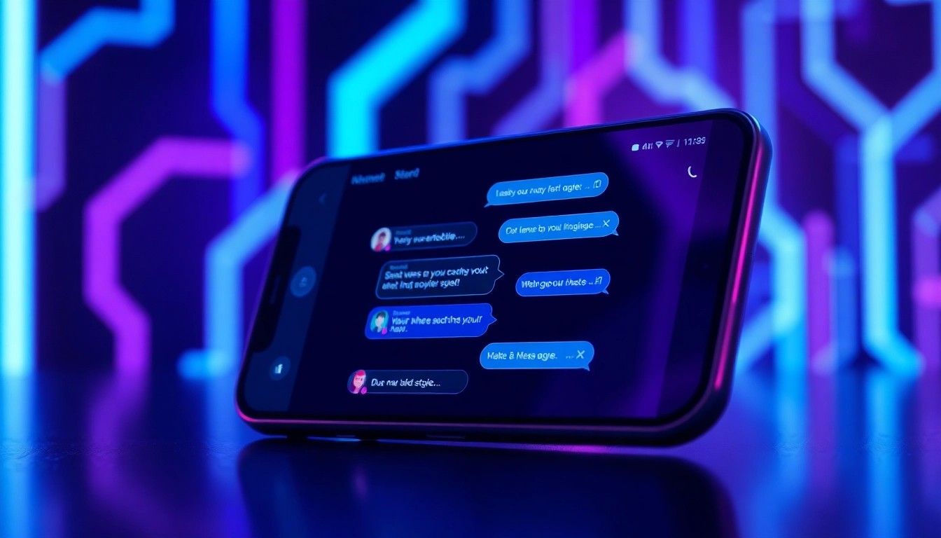An illustration of a smartphone displaying a futuristic chatbot conversation with neon accents and digital background, emphasizing modern AI interaction.