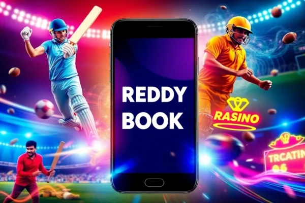 Reddy Anna Book logo on a mobile screen showcasing live sports betting with cricket, football, and casino games for Indian users.