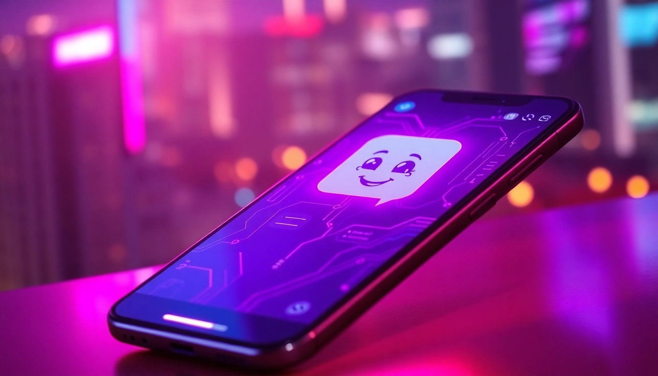A futuristic smartphone screen showing a playful AI chat interface against a colorful cityscape background.