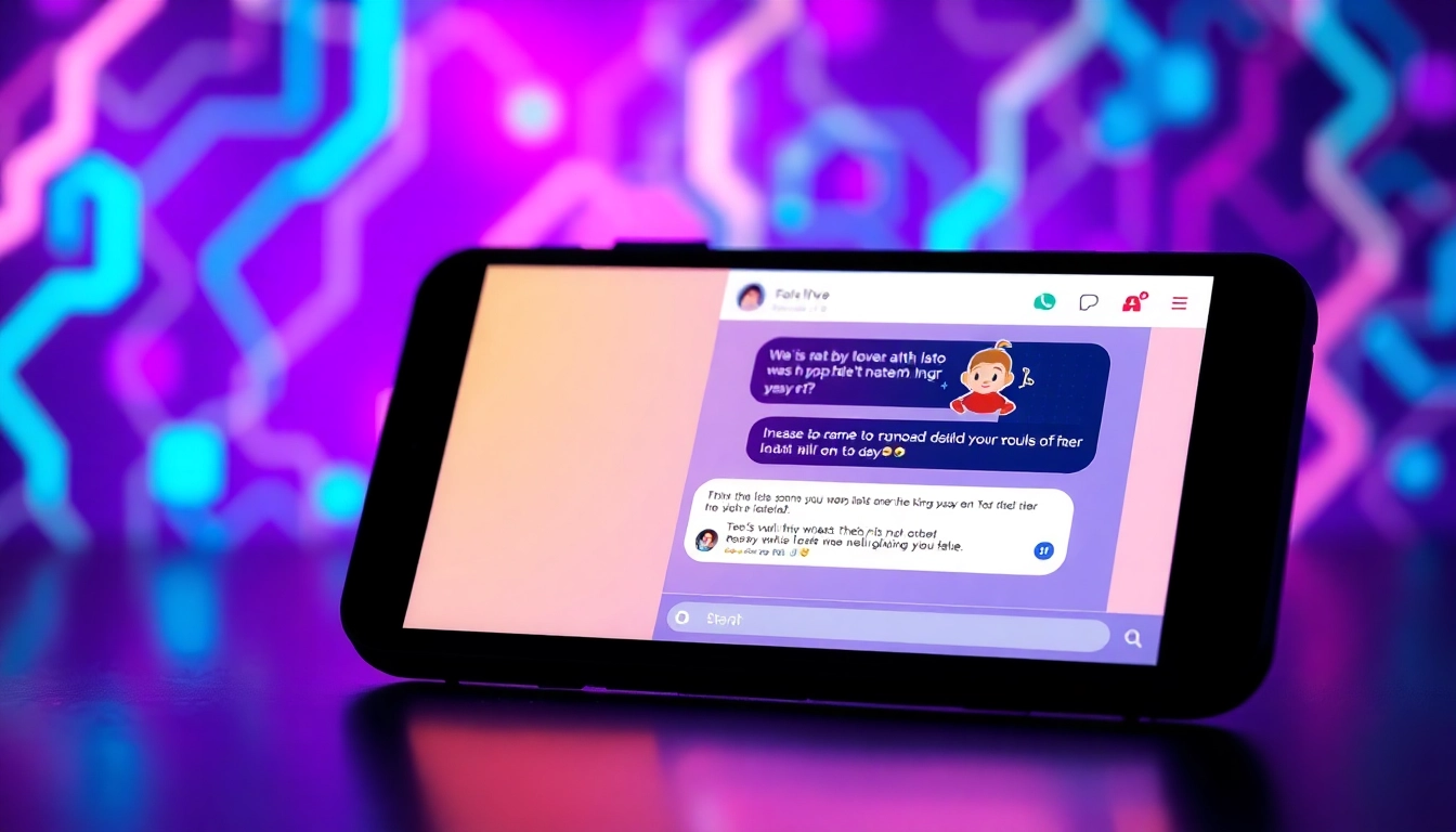Futuristic chatbot interface on a sleek device screen with cybernetic background, glowing colors, and inviting AI character.