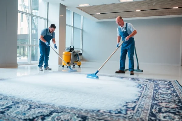 Expert team performing Lavaggio tappeto Milano with deep steam cleaning on ornate woven carpet