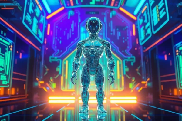 Nano Banana AI:引領未來的智慧型AI圖像編輯革命 未來科技風格的人形AI角色站在數位環境中,周圍環繞著霓虹光效和浮動的數據流,展現高科技與數位藝術的完美結合。