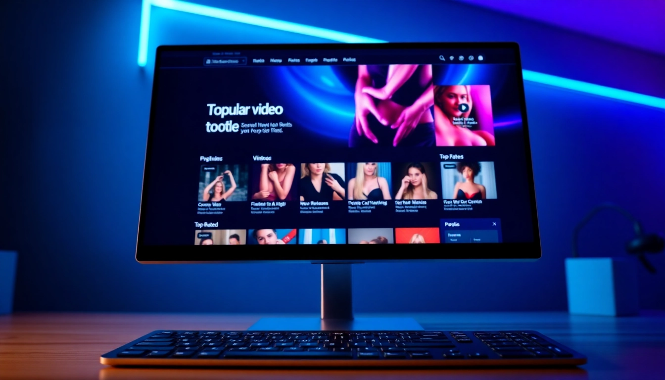 A modern adult website homepage displayed on a desktop monitor with colorful thumbnails and sleek interface.