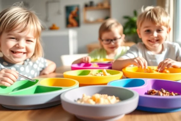 Silicone divided plate for self feeding with vibrant colors helping children self-serve food easily
