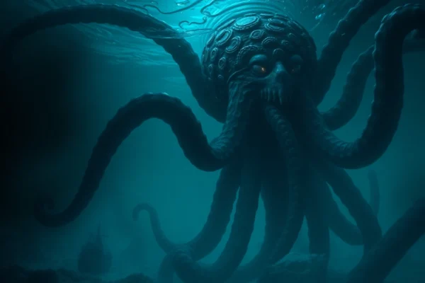 Majestic kraken emerging from deep ocean, tentacles wrapping around a ship, glowing eyes,