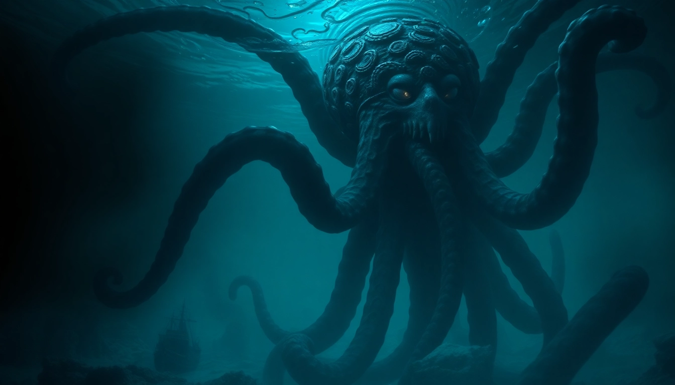 Majestic kraken emerging from deep ocean, tentacles wrapping around a ship, glowing eyes,