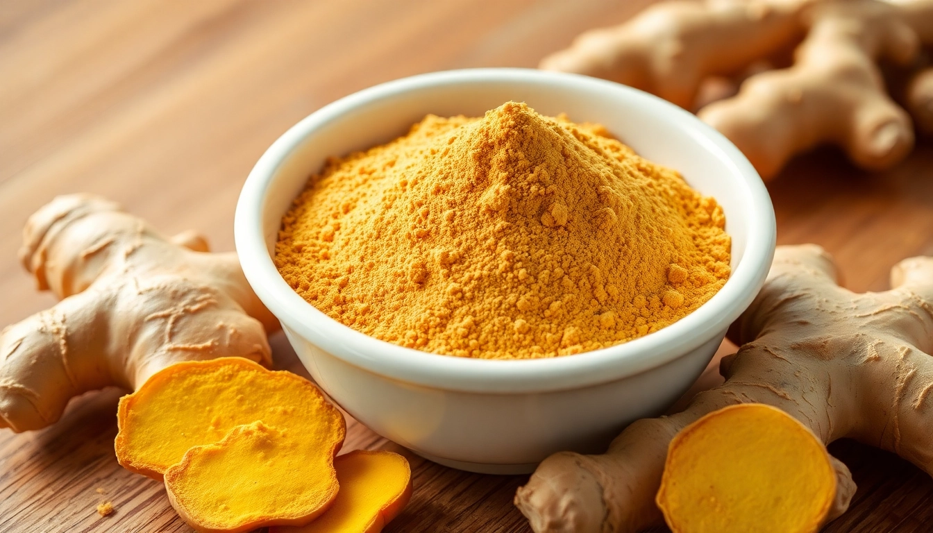 High-quality ginger powder scattered with fresh ginger roots showcasing natural freshness and