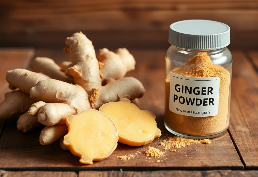 Elevate Your Recipes with Pure and Authentic Ginger Powder for Superior Flavor High-quality ginger powder package with fresh ginger roots, showcasing premium spice product