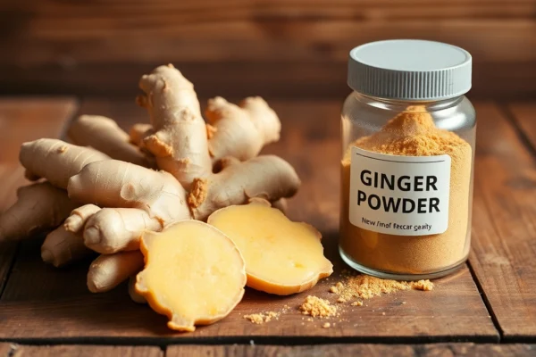 Elevate Your Recipes with Pure and Authentic Ginger Powder for Superior Flavor High-quality ginger powder package with fresh ginger roots, showcasing premium spice product