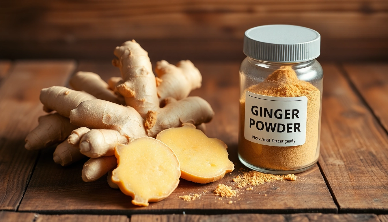 High-quality ginger powder package with fresh ginger roots, showcasing premium spice product