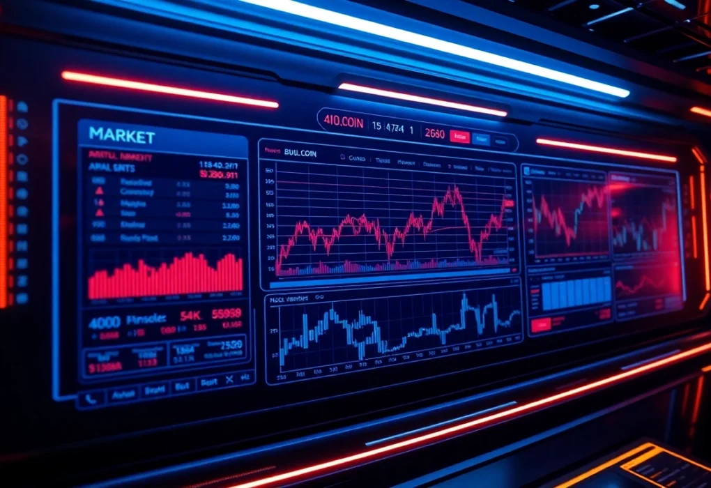 High-tech aicoin trading platform with real-time market data and glowing charts for financial