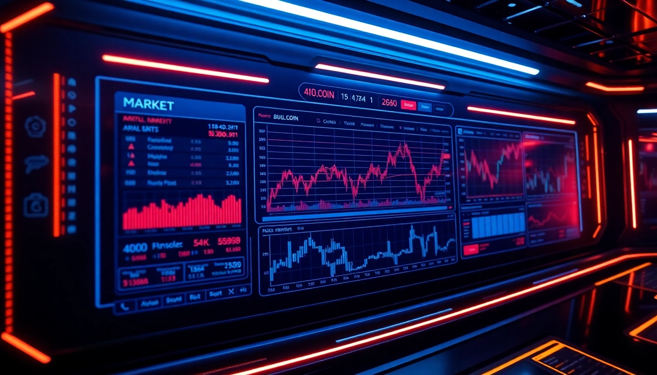 High-tech aicoin trading platform with real-time market data and glowing charts for financial